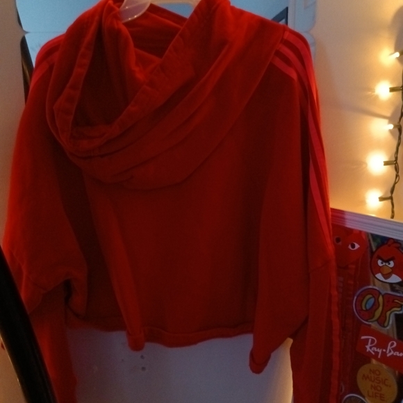 Red Adidas Crop Hoodie with Pink Stripes - Picture 2 of 2